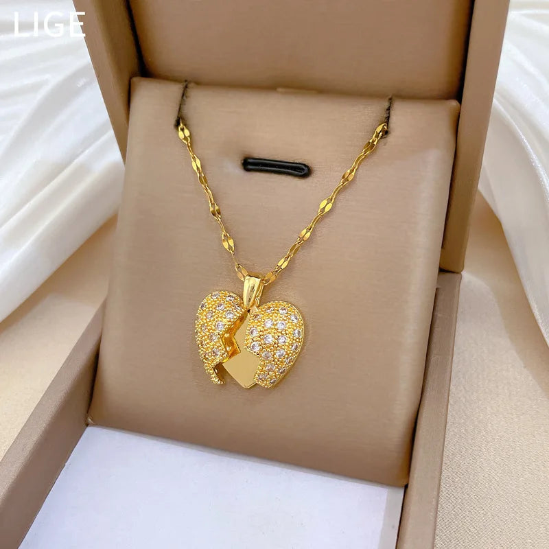 Luxury Heart Pendant Necklace Gold Stainless Steel Choker
