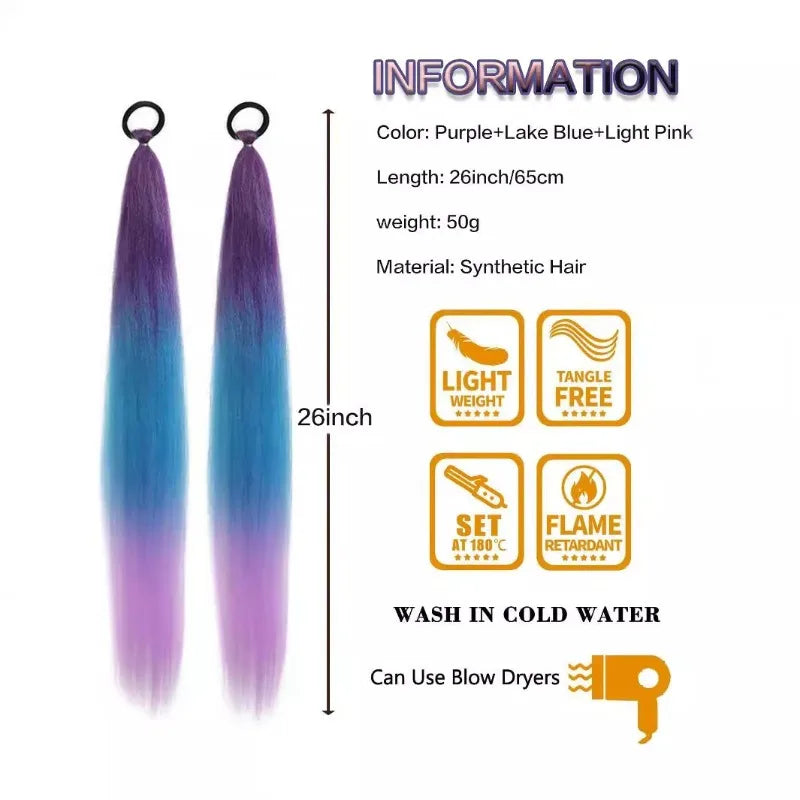 26" Synthetic Ponytail Extension Ombre Pink Purple Blue | Kanekalon