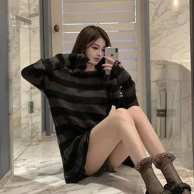 Women's Punk Gothic Oversized Striped Hollow Knit Sweater