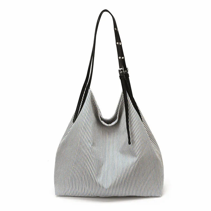 Color-Block Striped Canvas Tote Bag – Large Shoulder Bag