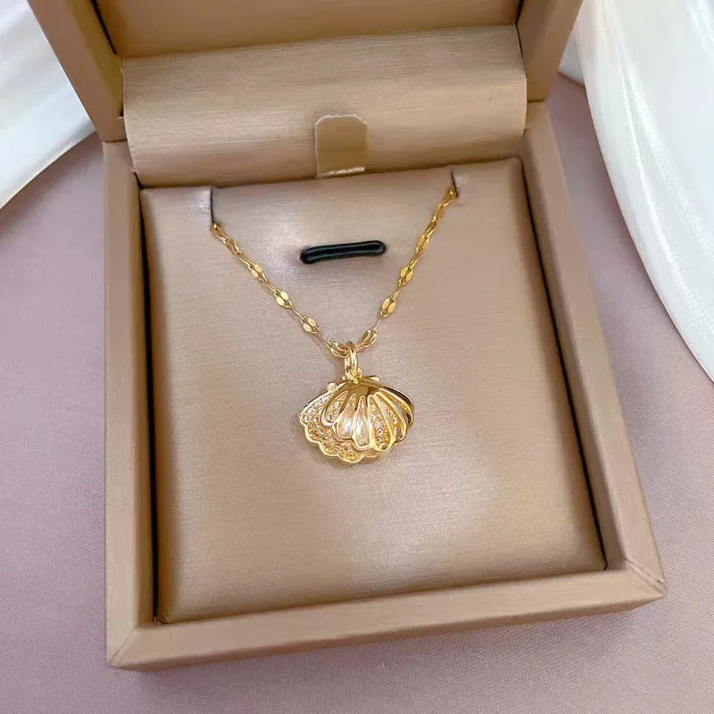 Zircon Shell Pearl Clavicle Necklace – Gold Stainless Steel