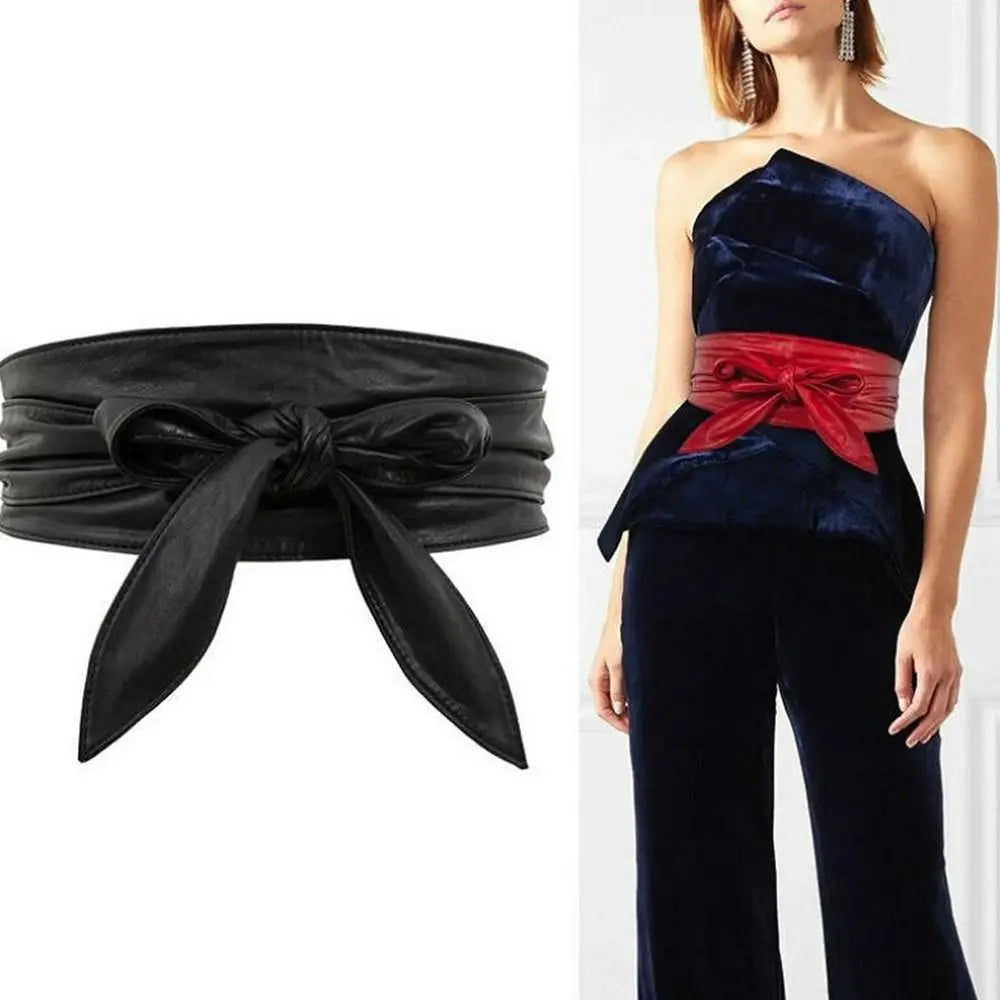 Women's Wide Bowknot Belt – PU Leather Lace-Up Waist Cincher