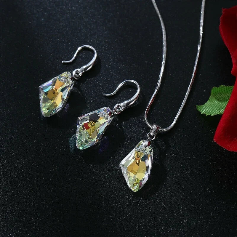 Women's Silver AB Crystal Pendant Necklace & Earrings Set