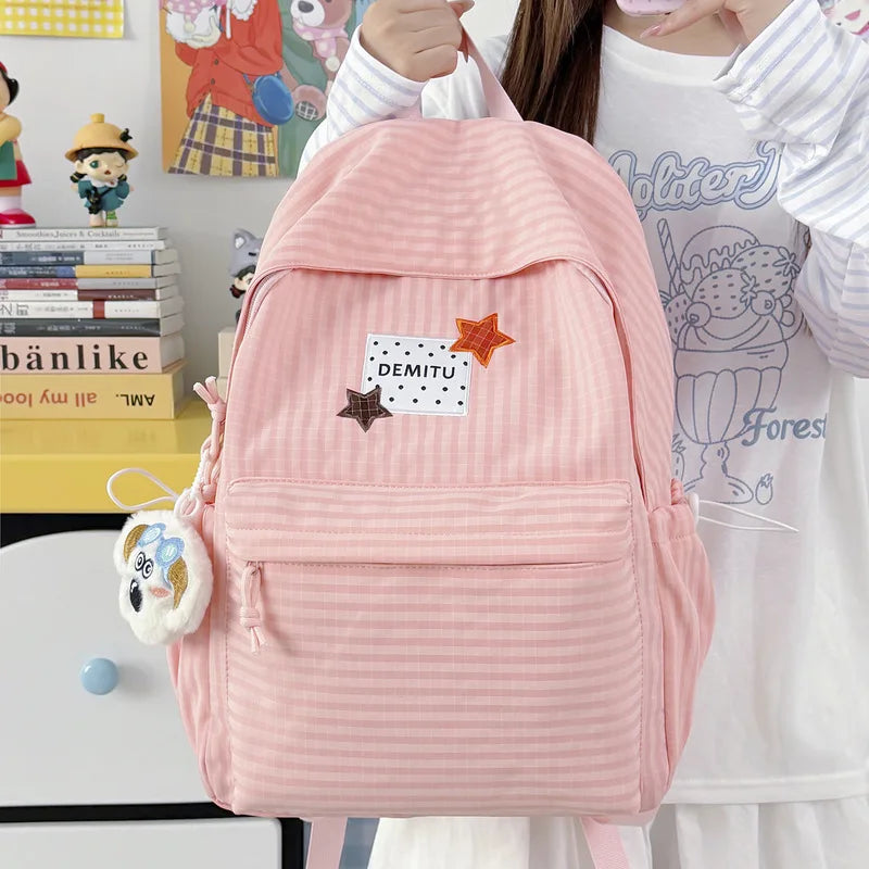 Milky Pink Star Patch Girls Backpack – Soft Flannel School Bag