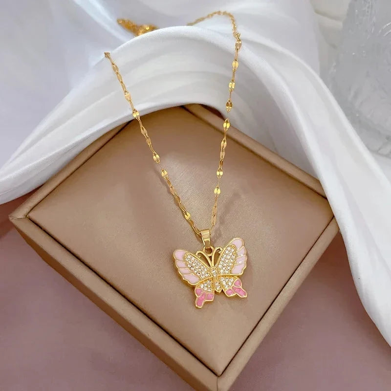 Zircon Butterfly Pendant Necklace | Gold Stainless Steel
