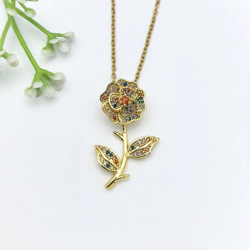 Zircon Flower Pendant Necklace | Gold Stainless Steel | Nixie