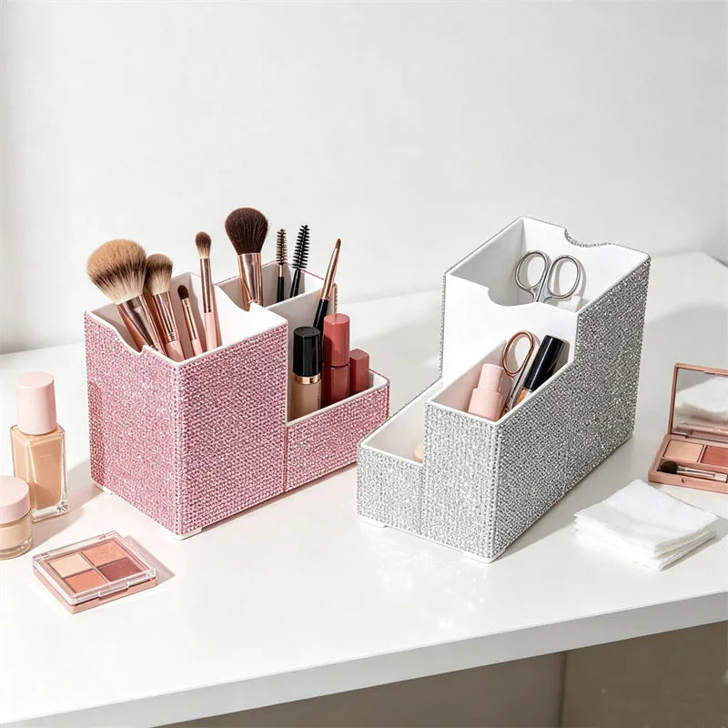 Rhinestone Makeup Organizer – Divided Desktop Storage Case