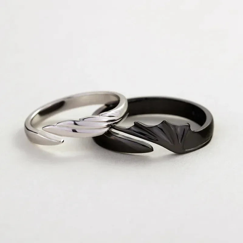 2pcs Angel & Devil Couple Rings Black White Unisex Set