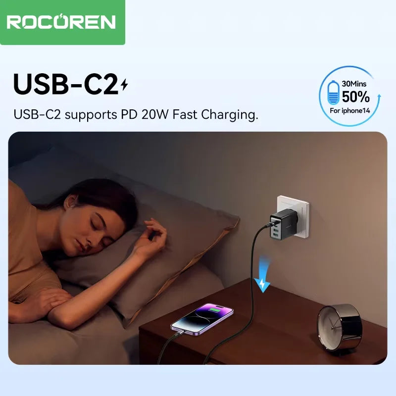 Rocoren GaN 45W 4-Port Fast Charger USB-C USB-A iPhone Samsung