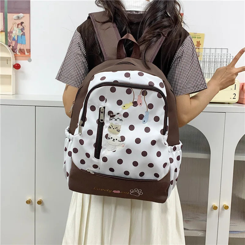 Cartoon Kitten Backpack – Korean Polka-Dot Lightweight Canvas
