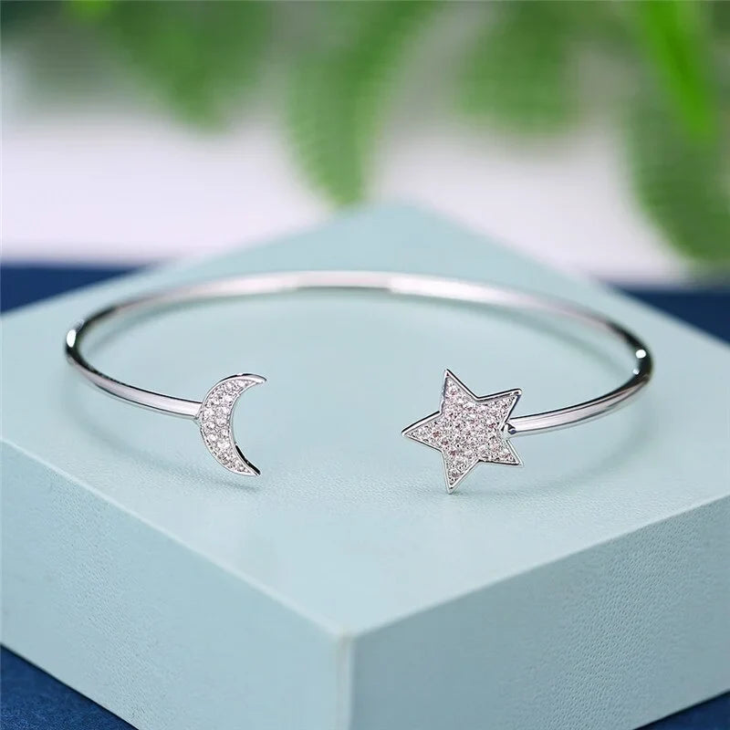 White Crystal Star Moon Adjustable Charm Bracelet | Silver