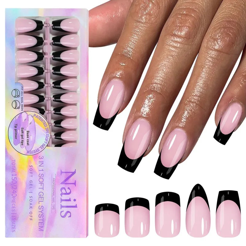 Black Pink French Tip Press On Nails with Rhinestones 24pcs