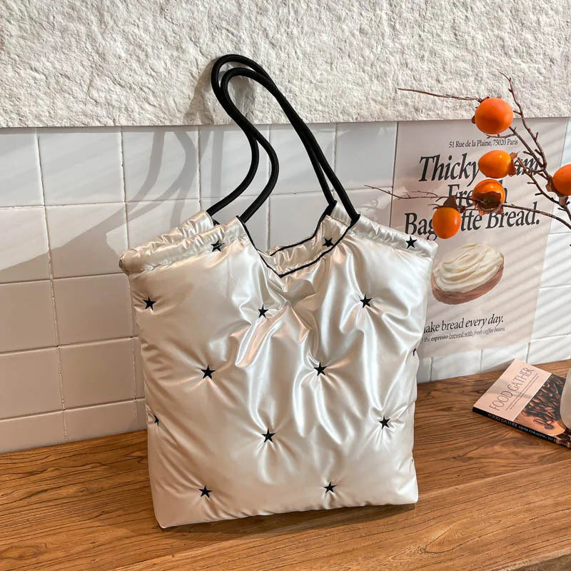 Women's Quilted Tote Bag | Star Pattern Large Shoulder Bag