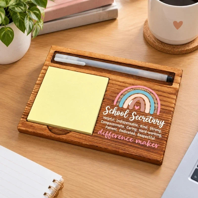 Wood-Grain Desk Organizer with Note Holder & Pen Tray