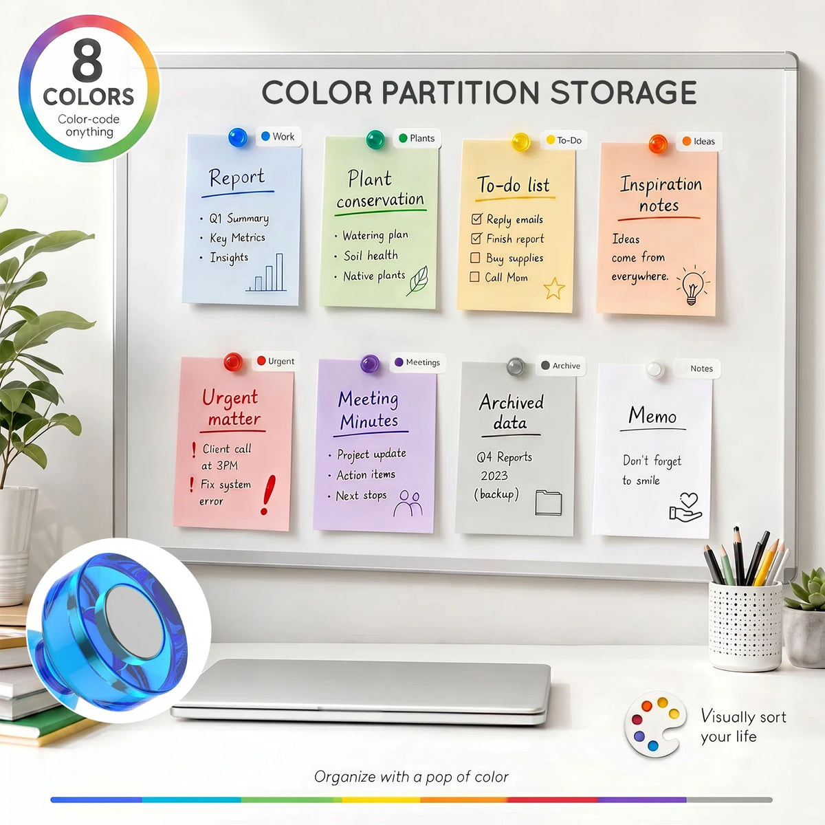 32Pcs Mini Magnetic Push Pins – 8 Colors Neodymium Fridge Magnets