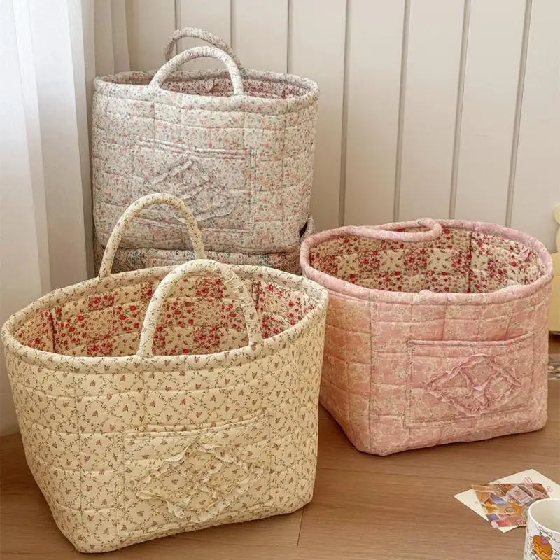Large Quilted Floral Storage Basket with Handles – Foldable