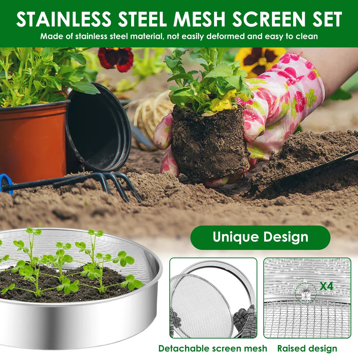 Stainless Steel Soil Sieve Set – 3/6/9mm Compost Sifter Kit