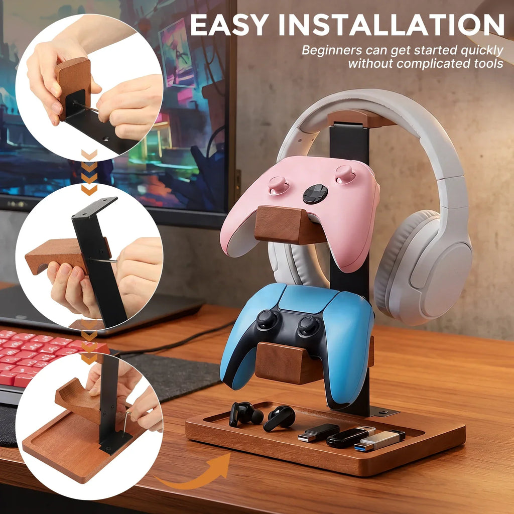 Solid Wood 3-Tier Headphone & Gamepad Organizer Stand