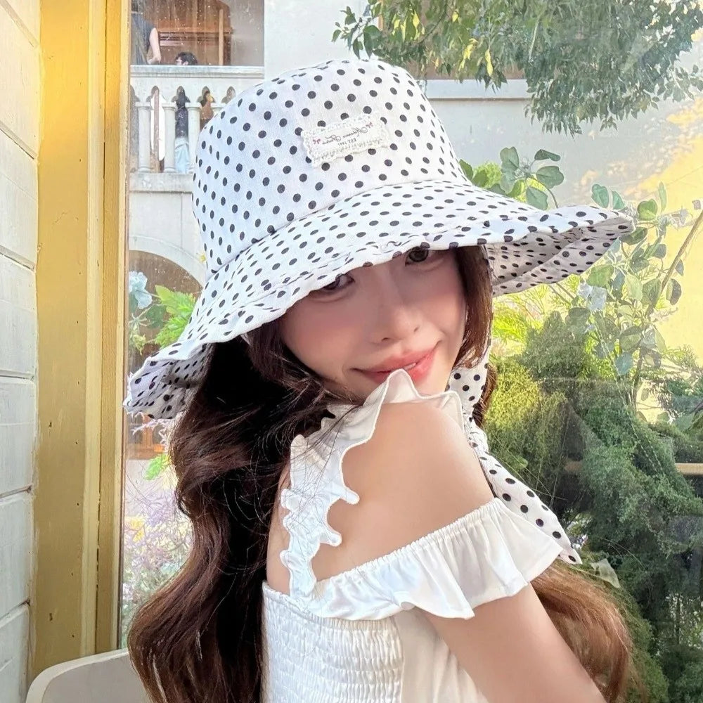 Women's Polka Dot Wide Brim Bucket Sun Hat with Ribbon