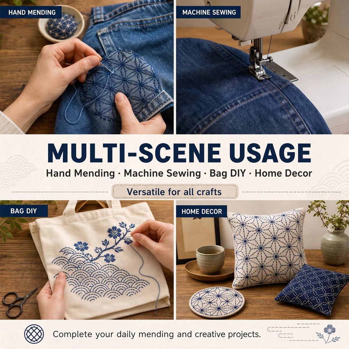 Sashiko Thread & Needle Kit – 300m Pure Cotton Embroidery Set