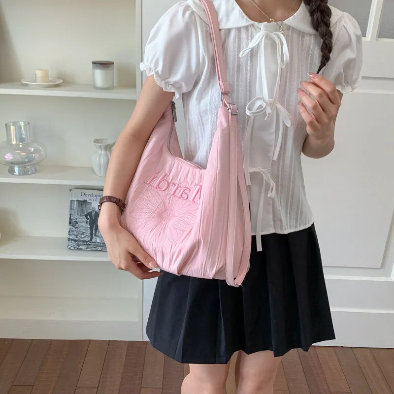 Korean Floral Embroidered Canvas Tote Bag | Large Shoulder Bag