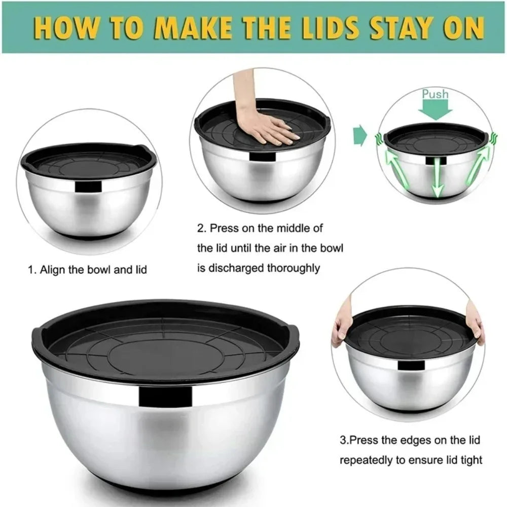 Stainless Steel Mixing Bowls with Airtight Lids & Silicone Base
