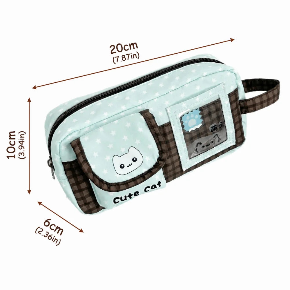 Mint Chocolate Cat Print Pencil Case – Large Capacity