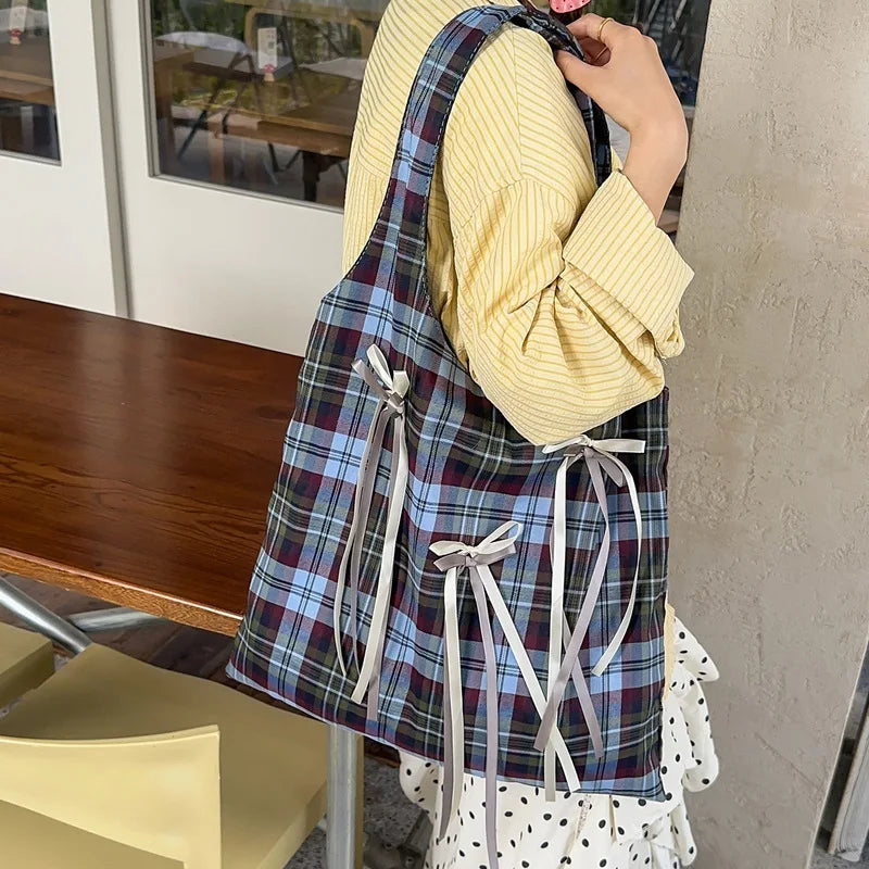 Korean Academia Plaid Bow Tote Bag – Large Canvas Shoulder Bag