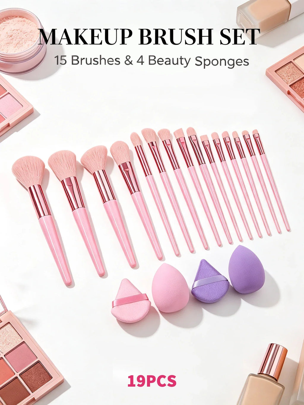 19-Piece Makeup Brush Set with Sponge – Full Beauty Kit