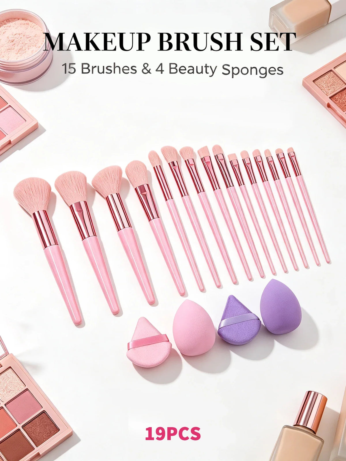 19-Piece Makeup Brush Set with Sponge – Full Beauty Kit