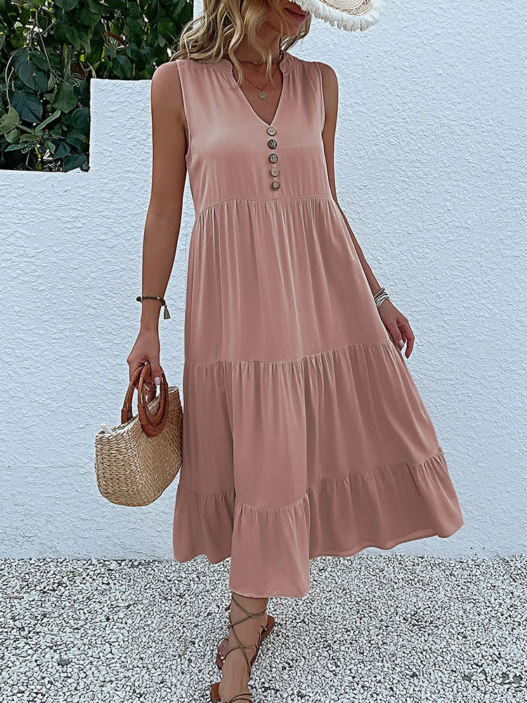 Women's Sleeveless V-Neck Ruffle Midi Sundress | SAILASIDIYA