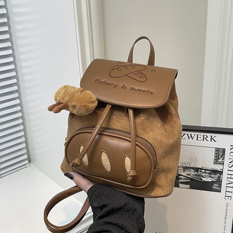 Korean Cartoon Embroidered Suede Small Backpack for Women