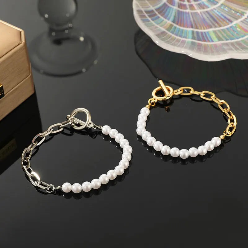 2pcs Vintage Pearl Metal Bead Strand Bracelets – Unisex Set