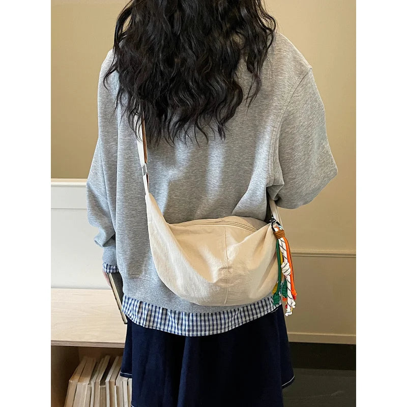 Korean Minimalist Croissant Crossbody Bag – Solid Color Nylon