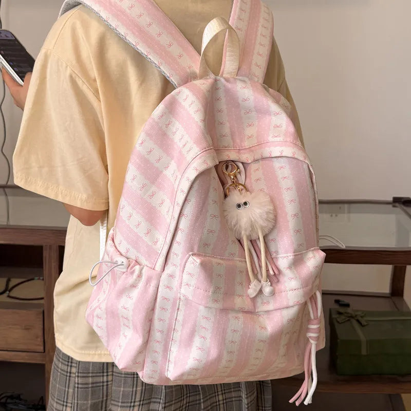 Nixie Striped Bow School Backpack – Large Capacity Teen Girls