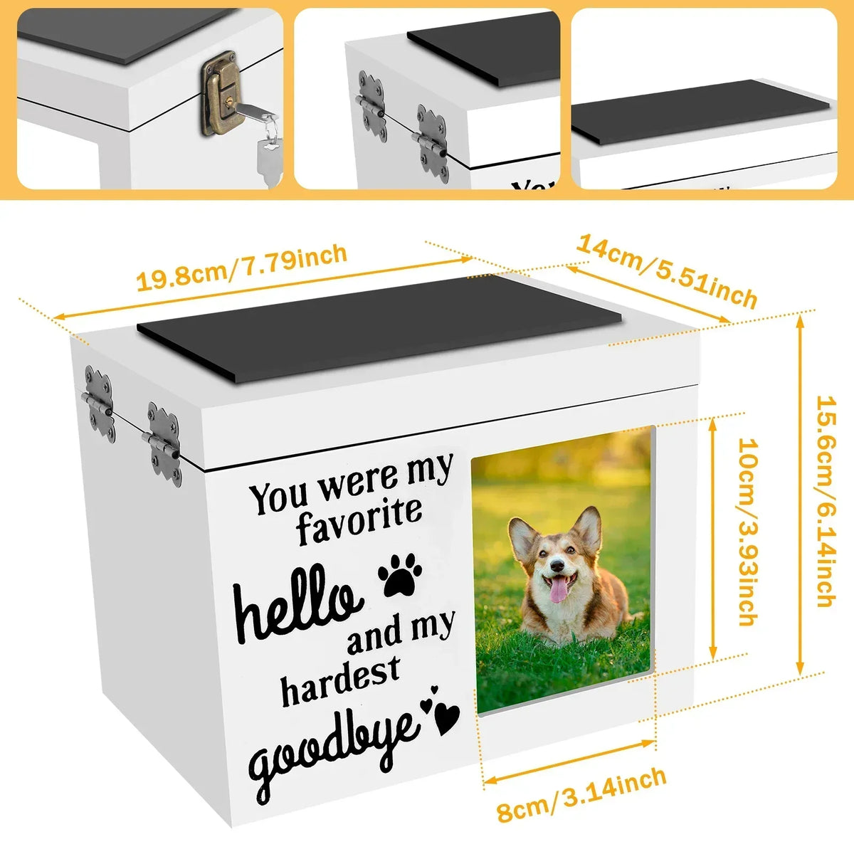 Wood Pet Memorial Urn with Photo Frame, Key & Lock – Dog & Cat