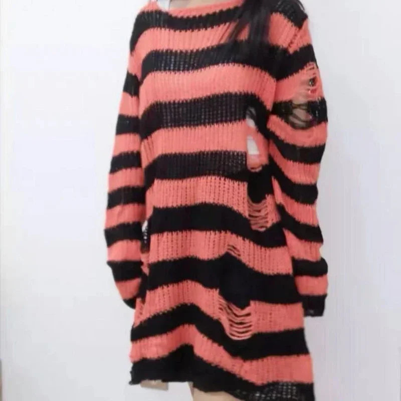 Women's Punk Gothic Oversized Striped Hollow Knit Sweater
