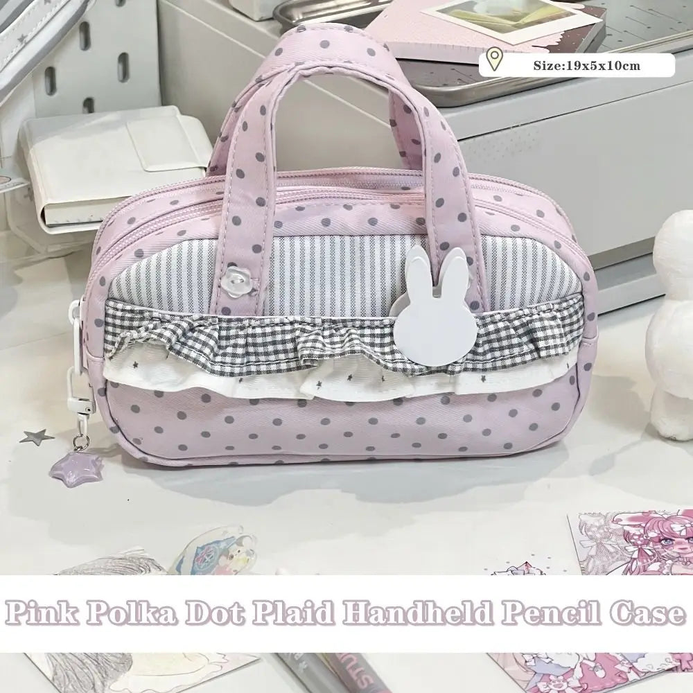 Pink Polka Dot Plaid Pencil Case – Large Capacity Itabag Pouch