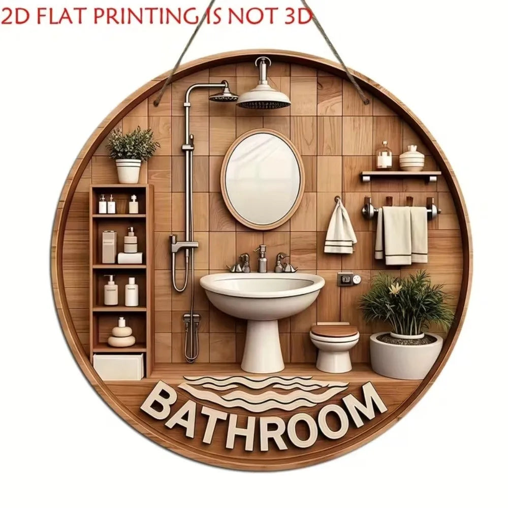 Wooden Hanging Bathroom Sign Round Farmhouse Wall Décor