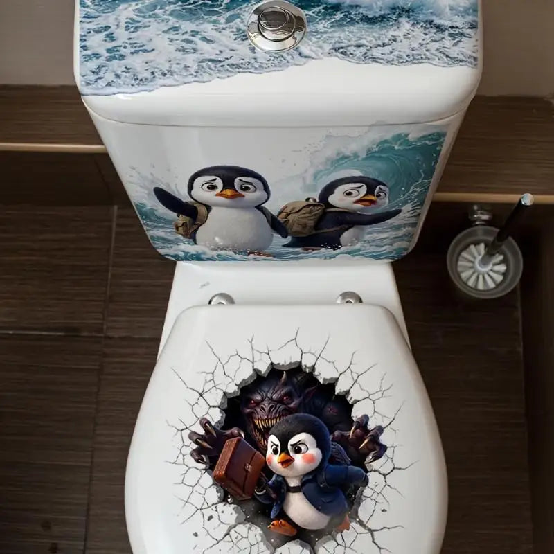 3D Penguin Toilet Lid Sticker – Funny Waterproof Bathroom Decal