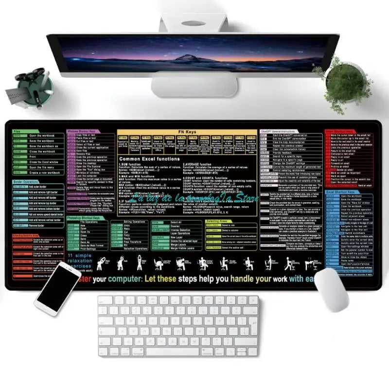 Extended Desk Mat with Keyboard Shortcuts | Large Gaming Mouse Pad