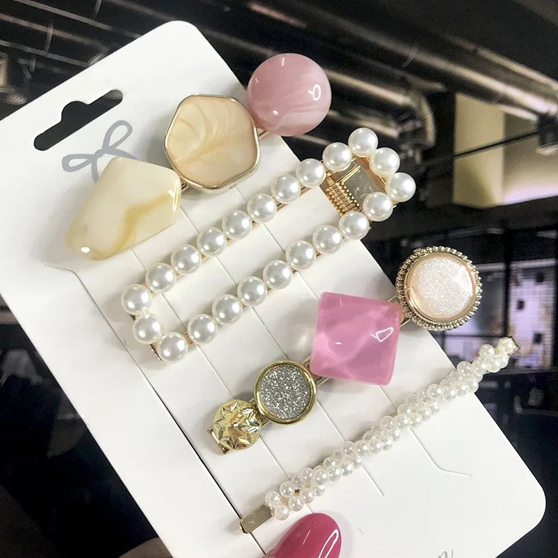Pearl Crystal Hair Clips Set – Korean Geometric Barrettes