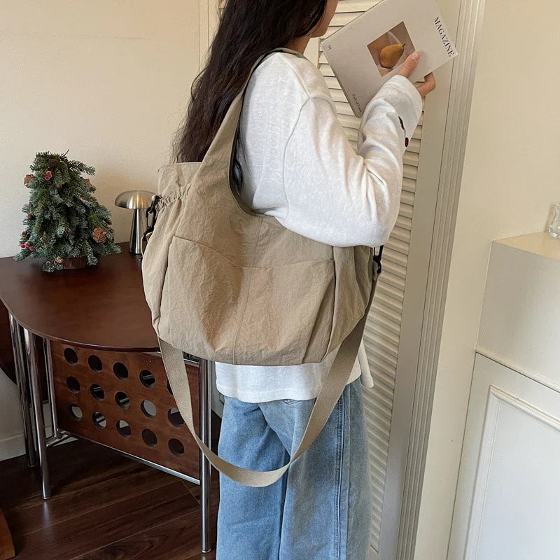 Korean Canvas Drawstring Bucket Bag – Retro Crossbody for Women