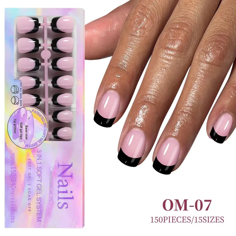 Black Pink French Tip Press On Nails with Rhinestones 24pcs
