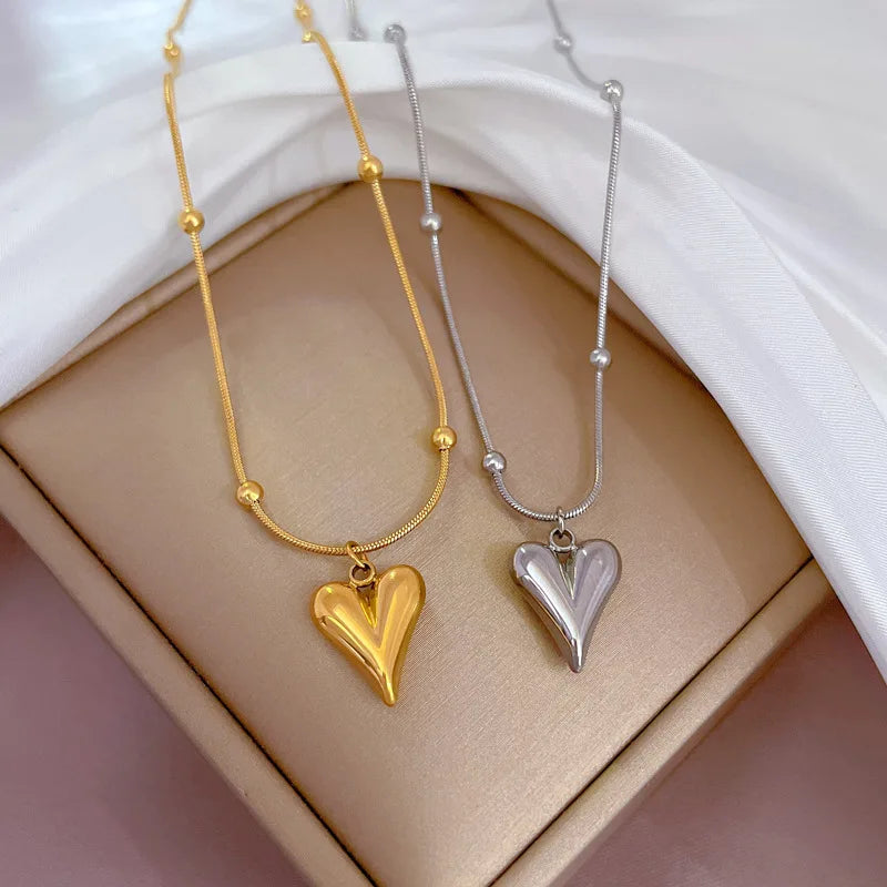 Beaded Heart Gold Clavicle Chain Necklace for Women