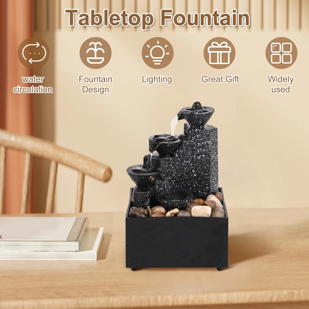Tabletop Waterfall Fountain with LED Lights – Desktop Decor