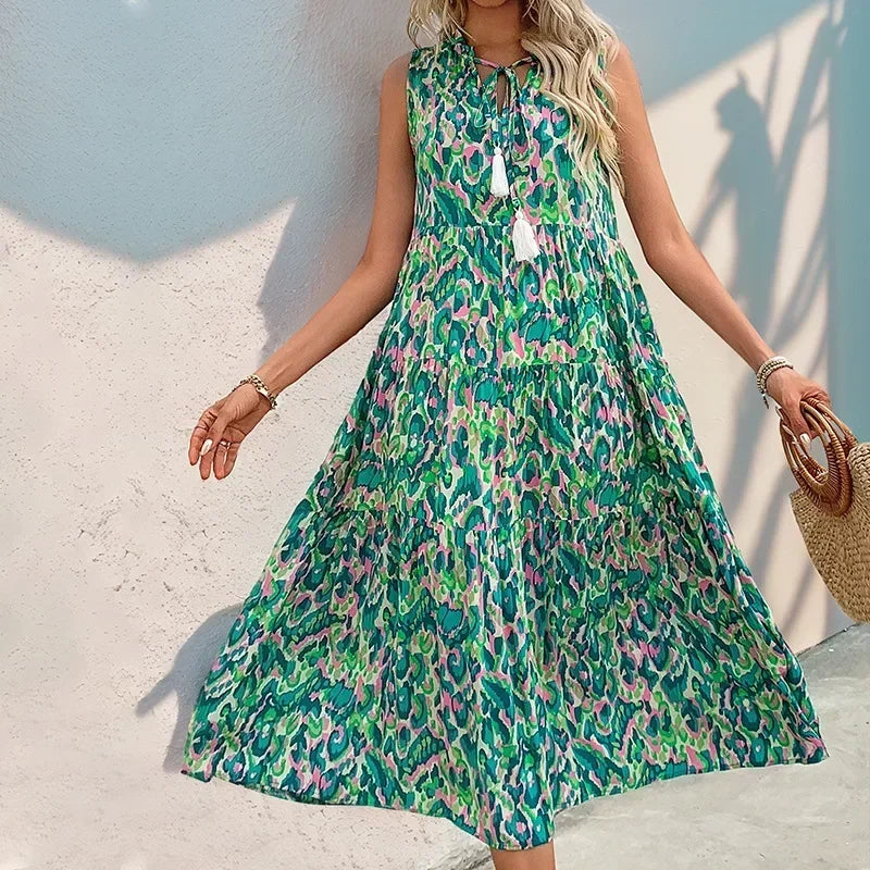 Women's Sleeveless Viscose Boho Floral Maxi Dress | Beach Vacation