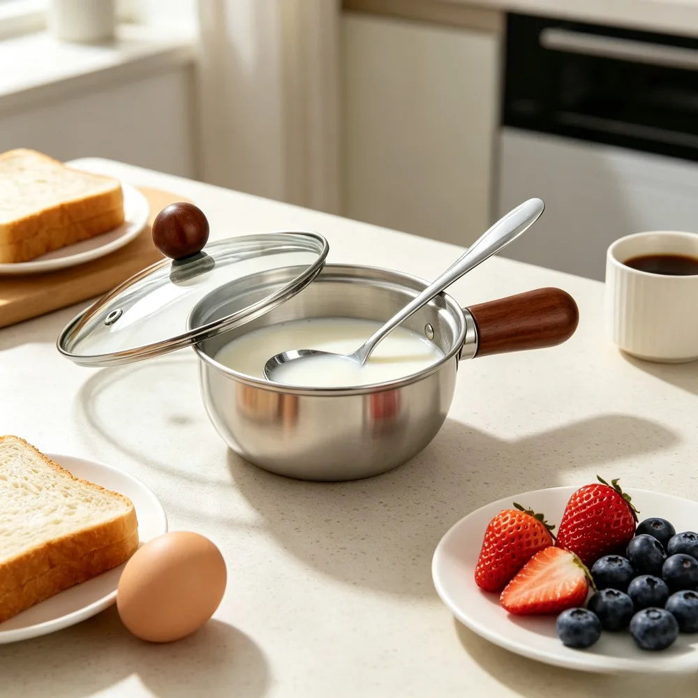 Stainless Steel Mini Saucepan Set – Wooden Handle, Lid & Spoon