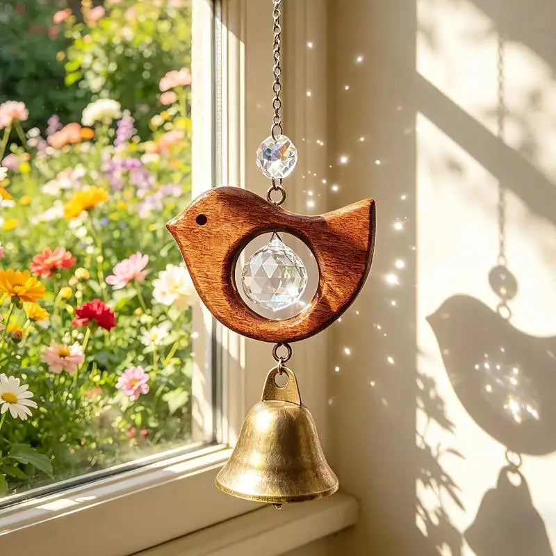 Wooden Fish & Bird Wind Chime – Crystal & Brass Bell Décor