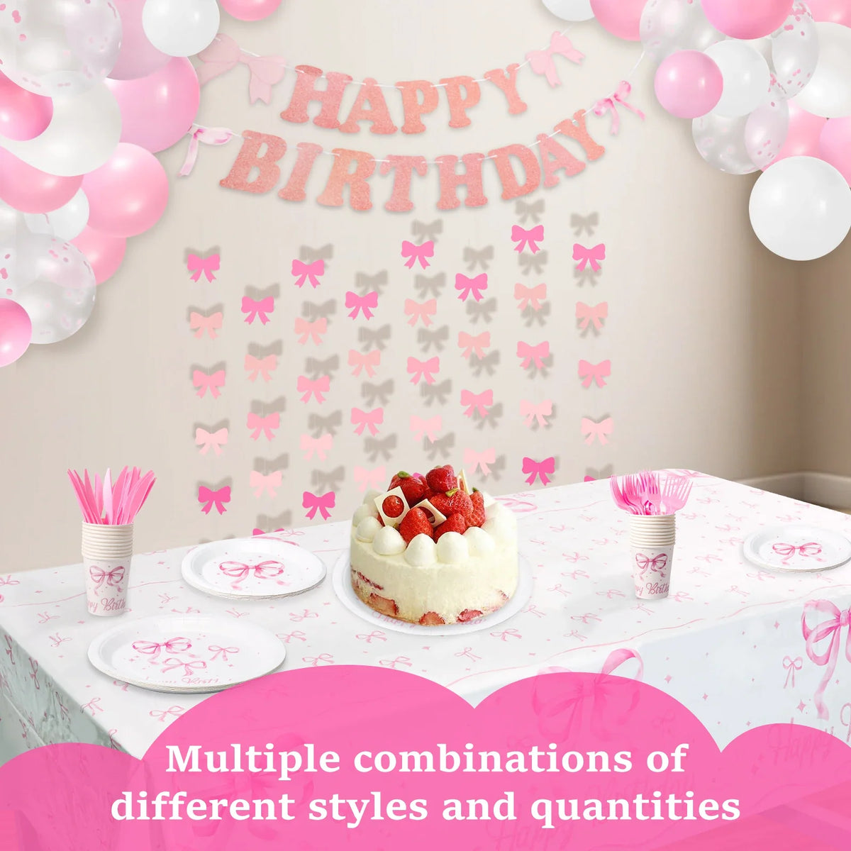 Pink Bow Party Decoration Set – Tableware & Balloons for 20